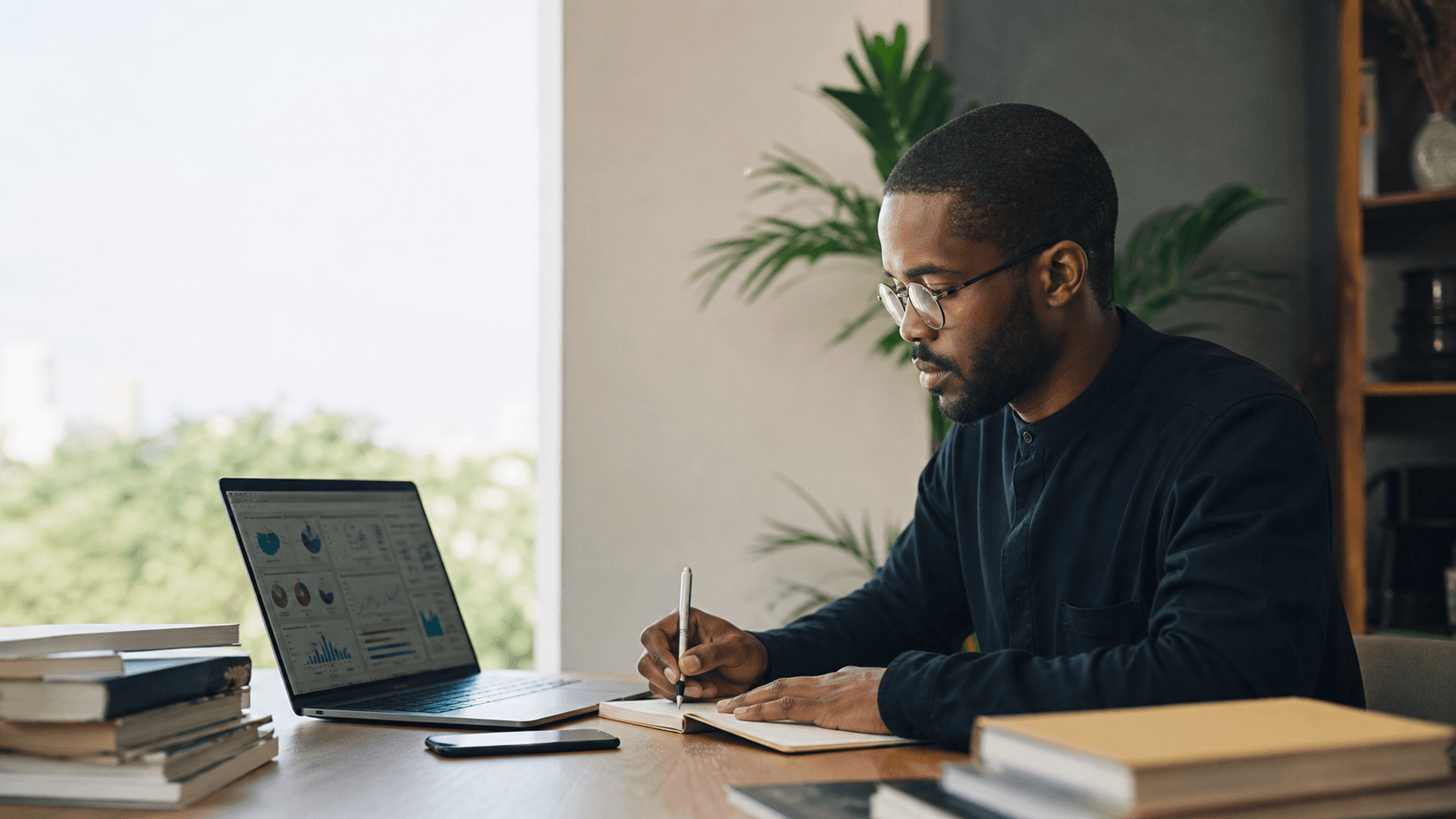 Professionnel consultant des documents numériques dans un bureau lumineux
