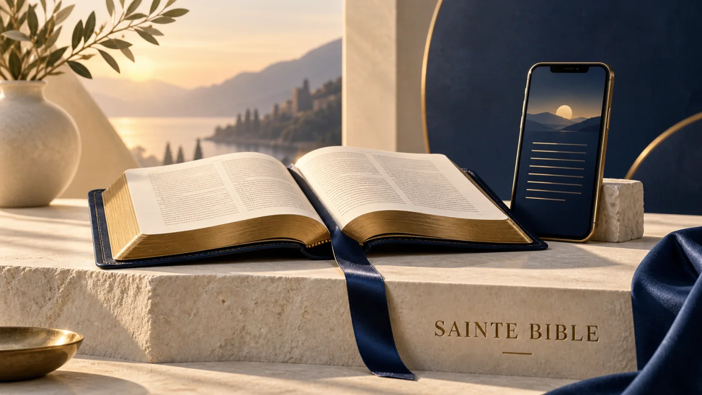 SAINTE BIBLE — illustration : lecture biblique sur livre et smartphone