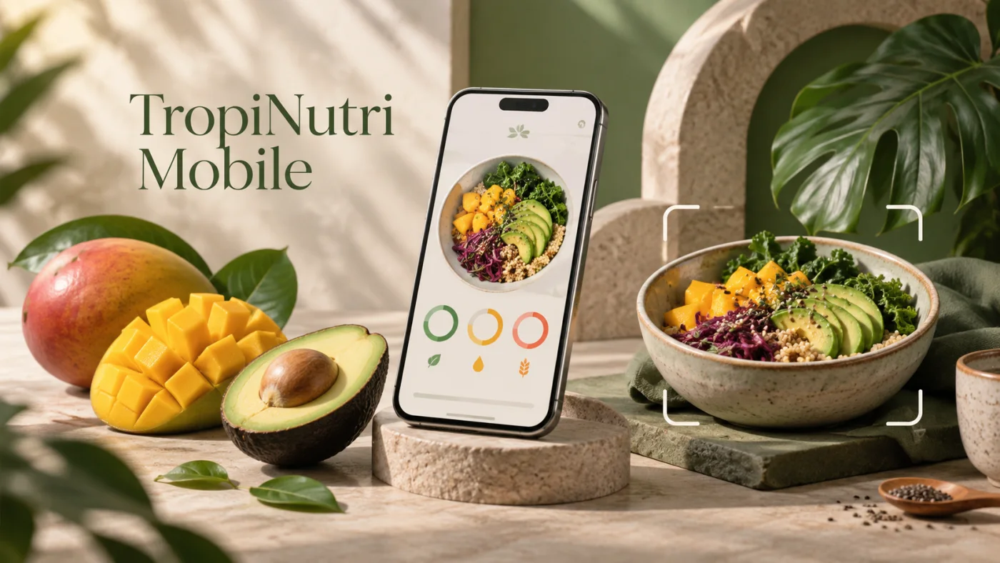 TropiNutri Mobile — illustration : nutrition sur smartphone et analyse de repas